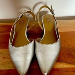 Silver leather sling back shoes. Banks Good condition.